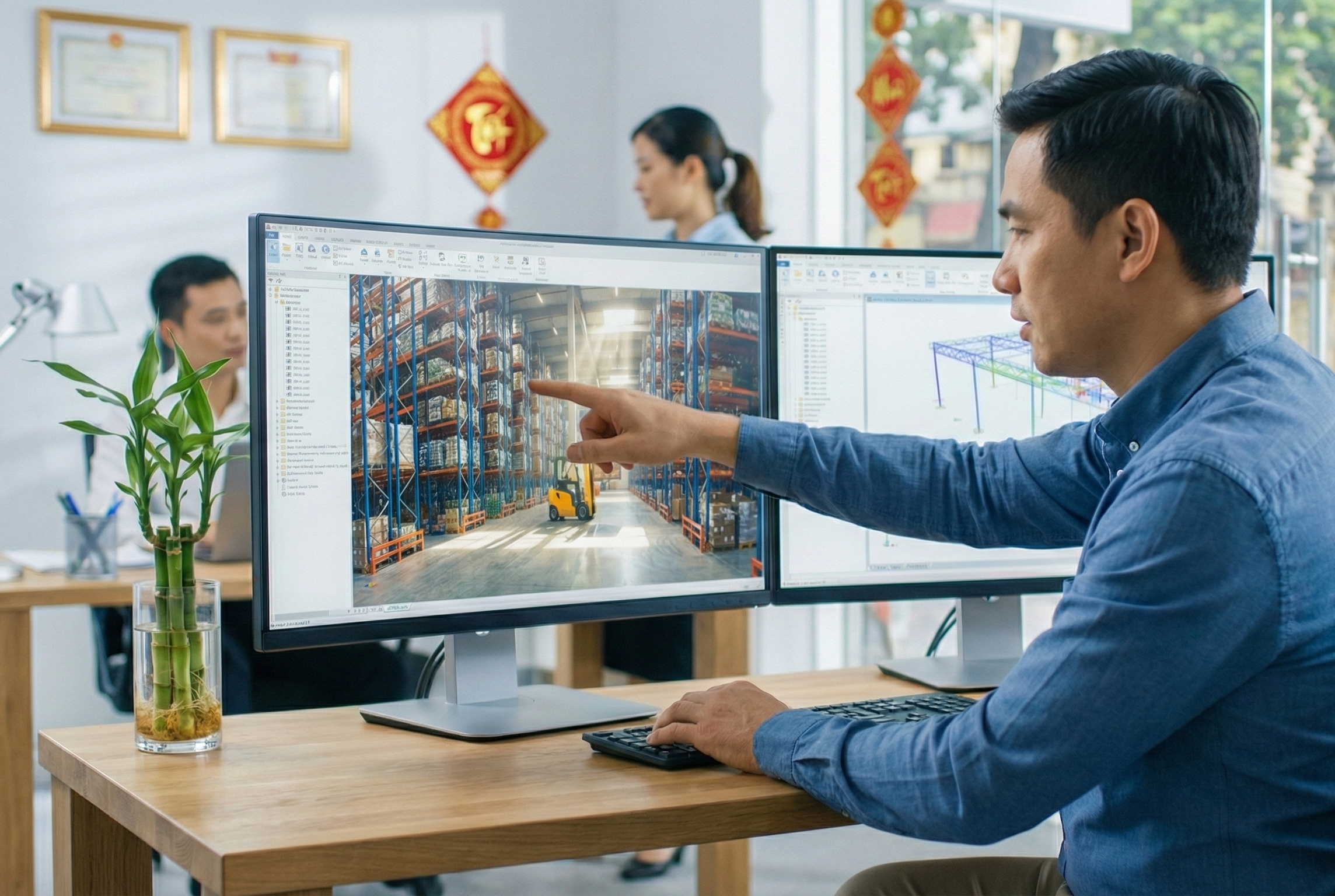 Kỹ sư Đông Hưng Vina đang thiết kế giá kệ kho hàng 3D