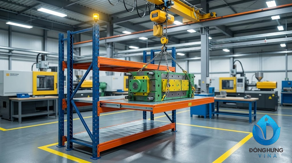 Kệ Để Khuôn, Kệ chứa khuôn (Mould rack) 6 Hệ thống kệ chứa khuôn mẫu tải trọng nặng với pa-lăng treo